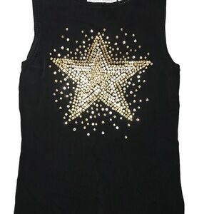 Lucia Burns Sequins Black Tank Top with Gold SilverStar Design LG Major Bling